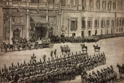 国会開会式、ウンベルト1世のモンテチトーリオへの到着（イタリア、ローマ）、ダンテ・パオロッチのデッサンによるエングレーヴィング、L