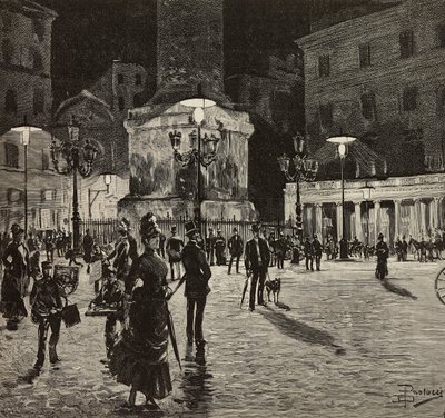 電飾で照らされたコロンナ広場、イタリア、ローマ、ダンテ・パオロッチのデッサン。 作： Dante Paolocci