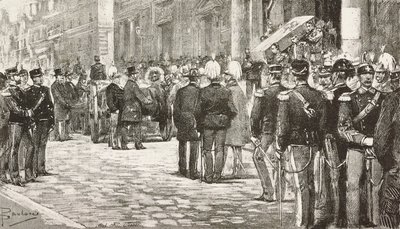 イタリアの政治家であり将校であったルイジ・メッツァカポ（1814-1885）の葬列に参列する政治家と将校たち（イタリア、ローマ）、ダンテ・パオロッチのデッサンによるエングレーヴィング（L