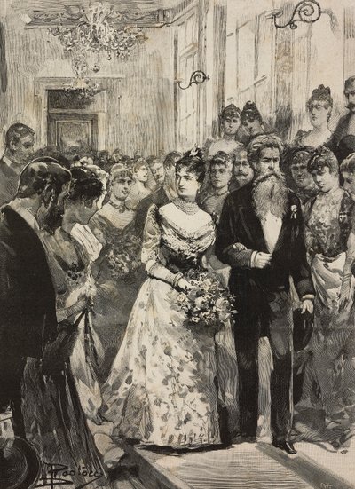 ローマ芸術クラブ（チルコロ・アルティスティコ）のパーティに出席したサヴォイ家のマルゲリータ王妃、彫刻家ジュリオ・モンテヴェルデを伴って、イタリア、ダンテ・パオロッチのデッサンによるエングレーヴィング、『イタリア年鑑』第XX年第3号、1月15日より 作： Dante Paolocci
