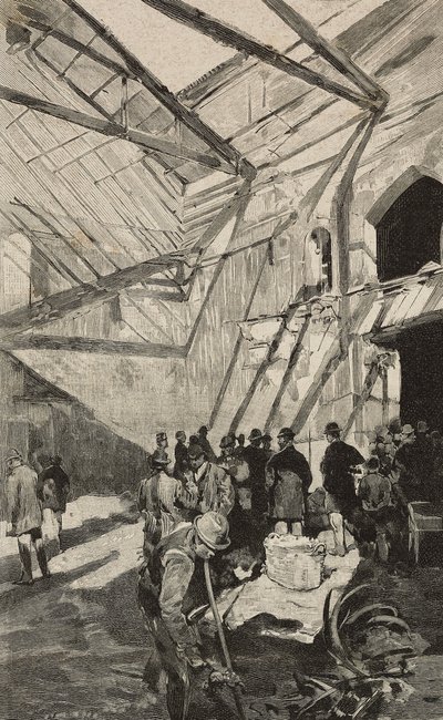 イタリア、ローマ、1893年の火災後のイスラエル劇場の跡、ダンテ・パオロッチのデッサンによるエングレーヴィング、L