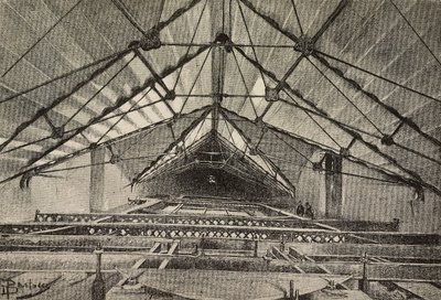 イタリア、ローマ、聖ヨハネ・ラテラノ大寺院の新アーム、屋根と天井を支える金属トラス、ダンテ・パオロッチ作図、『イタリア・イラストラツィオーネ』29号、7月11日掲載のエングレーヴィング。 作： Dante Paolocci