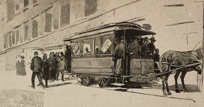 イタリア、ローマ、レオ13世の司教記念日にサン・ピエトロに向かう路面電車、ダンテ・パオロッチのデッサンによるエングレーヴィング。 作： Dante Paolocci