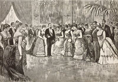 イタリア国王ウンベルト1世（1844-1900年）とサヴォイ家のマルゲリータ夫人（1851-1926年）、ローマ、クイリナル宮殿での舞踏会、ダンテ・パオロッチのデッサンによるエングレーヴィング、『イタリア・イラストラツィオーネ』12年9号、3月1日号より。 作： Dante Paolocci