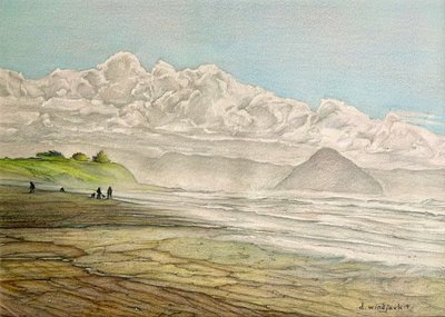 カリフォルニアの海岸線、2017（紙に鉛筆、インク、アクリル） 作： Darrell Windjack