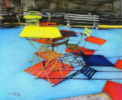 パティオの椅子、2018年（紙に鉛筆、インク） 作： Darrell Windjack
