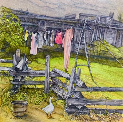 物干し竿、2020年（紙に鉛筆） 作： Darrell Windjack
