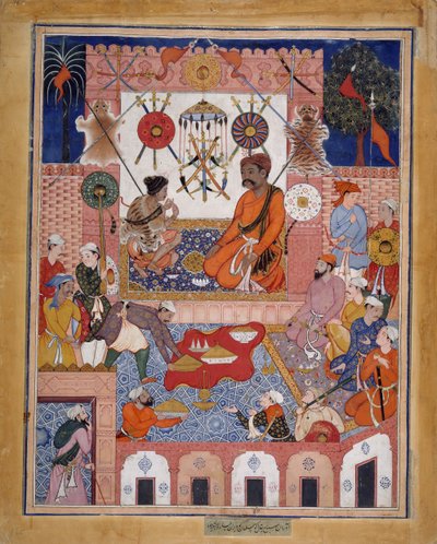 食料品店のミスバはスパイ・パランを彼の家に連れて行き、ハムザナマからのフォリオ. 1570年。 作： Dasavanta.