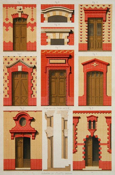 レンガの突起とペディメントのデザイン、J・ラクルーの「La Brique Ordinaire」からの図版、Editions Ducher 作： Daumont Daumont