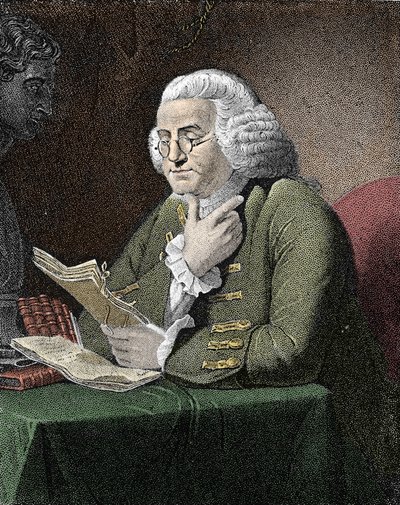 アメリカの哲学者、物理学者、大使であるベンジャミン・フランクリン（1706-1790）の肖像。デイヴィッド・マーティンの絵の後のエングレーヴィング。 作： David (after) Martin