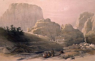 アクロポリスを示す谷の下端、ペトラ、1839年3月9日、プレート102、Louis Haghe（1806-85）が彫刻した「The Holy Land」の第3巻より。1849年（リトグラフ）。 作： David (after) Roberts