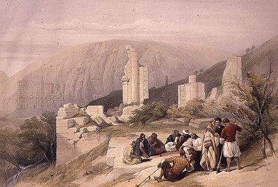 ペトラの凱旋門の残骸、1839年3月8日、プレート100、Louis Haghe（1806-85）が彫刻した「The Holy Land」の第3巻より。1849年（リトグラフ）。 作： David (after) Roberts
