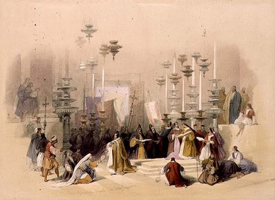 聖墳墓教会のアンクションの石、1839年3月30日、「The Holy Land」第1巻のプレート19、Louis Haghe (1806-85)の彫刻、pub.1842年（リトグラフ）。 作： David (after) Roberts