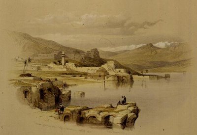 城壁からのティベリア、遠くにサフェット、1839年4月22日、プレート37、「The Holy Land」第1巻より、Louis Haghe (1806-85)のエングレーヴィングにより出版。1842年（リトグラフ）。 作： David (after) Roberts
