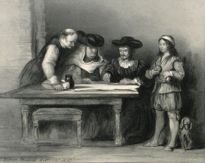 ラ・ラビダの修道院にいるクリストファー・コロンブス（1451-1506） 1833年に出版された「肖像画のギャラリー」より（彫刻版） 作： David (after) Wilkie