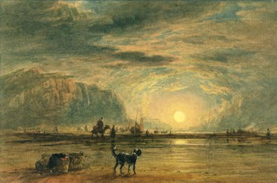 ビーチシーン-日の出、1820年頃（水彩と紙の上のグラファイト上のペン） 作： David (attr. to) Cox