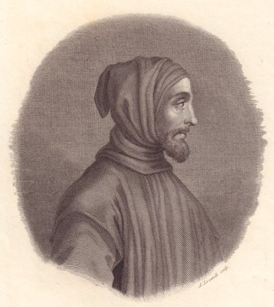 イタリアの画家チマブエ（1240年頃～1302年頃）の肖像、シモーネ・セネーゼの肖像画からロカテッリが銅版画 作： John Ward Dunsmore