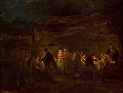 夜の宴会、城の前の兵士（パネルに油彩） 作： David (circle of) Wilkie