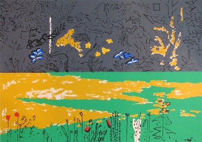 庭、青いユリと暗い境界線 (スクリーン プリント) 作： David Alan Redpath Michie