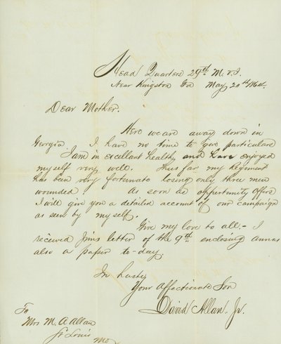 1864年5月20日、Ga.のKingston近くの第29MVI本部にいるDavid Allan, Jr.からMo.のSt.Louisにいる母親のM.A.Allan夫人への手紙（署名入り）。 作： David Allan