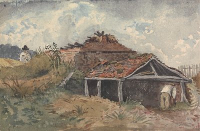 古い建物の横にある 2 人の人物のいる風景 作： David Charles Read
