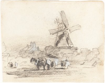 風車の近くに 2 頭の馬がいるカート 作： David Cox