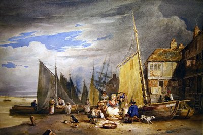 テムズ川のほとりで商品を持つ魚売りの女（水彩・紙） 作： David Cox