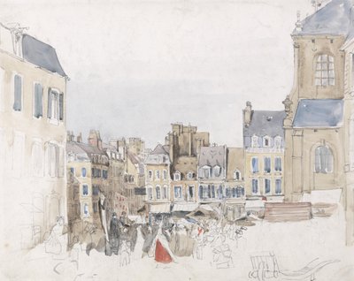 フランスのマーケットプレイス、1829年頃（紙にグラファイトの上にw - c） 作： David Cox