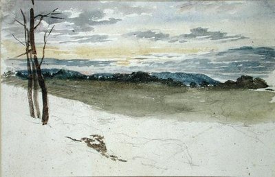 夕暮れの森の風景」（紙に鉛筆、水彩） 作： David Cox