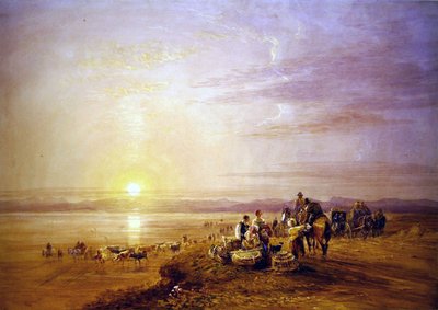 Crossing the Sands」（鉛筆の跡に水彩を重ね、紙の上に掻き出したもの） 作： David Cox