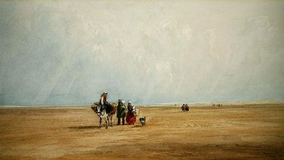 フランスの浜辺でロバと一緒にいる人たち（水彩・紙） 作： David Cox