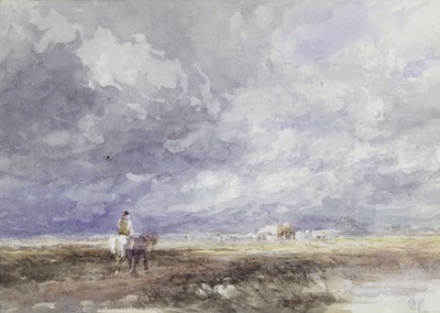 ヘイフィールドに行く、1855年頃（紙に黒いチョークと水彩画） 作： David Cox