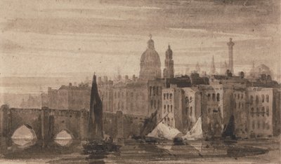 テムズ川から見たオールド ロンドン ブリッジとセント ポール大聖堂 作： David Cox