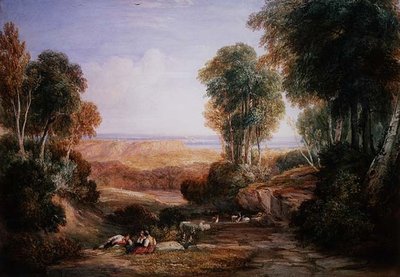 セヴァン川とワイ川の合流点とチェプストウ城（水彩・紙） 作： David Cox