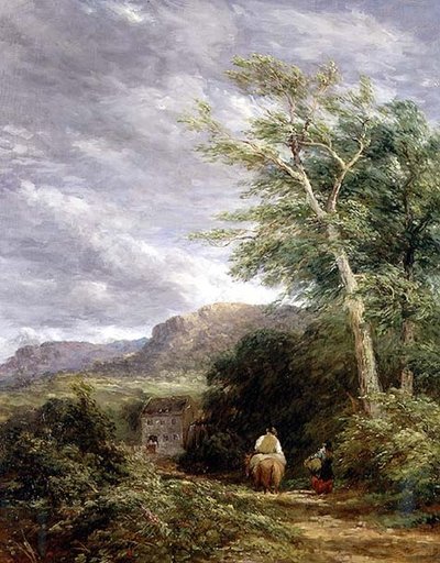 水車のあるウェールズの風景」（油彩・キャンバス 作： David Cox