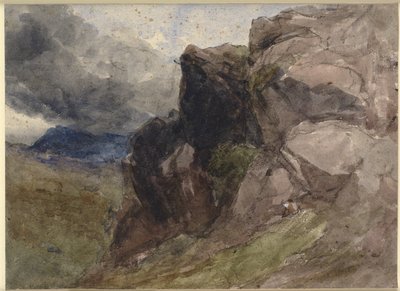 ウェールズの岩の多い風景と右前景の人物画 作： David Cox d.Æ.