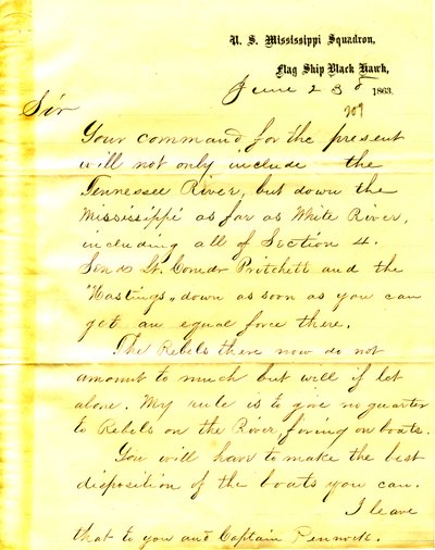 U. S. S. Black HawkのDavid D. PorterからSeth Ledyard Phelpsへの手紙、1863年6月23日。 作： David D. Porter