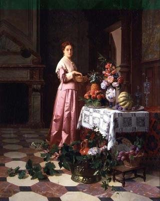 テーブルの上に果物や花を持つ女性 作： David Emil Joseph de and Knarren P. Noter
