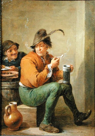 石器の水差しと土管を持つ農民（パネルに油彩） 作： David III Teniers