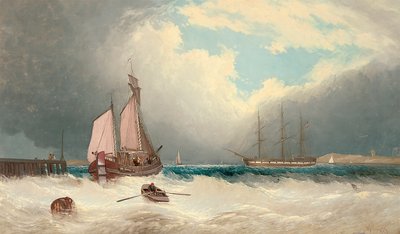 港を超えて走るはしけ、向こうの錨に乗っているフリゲート艦 作： David James