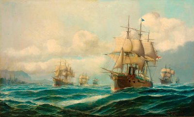 1878年2月、コンスタンティノープルに向かう途中、フィリップスホーンビー海軍中将がダーダネルス海域を飛行中 作： David James