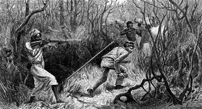 Manyema 待ち伏せ、中央アフリカ、David Livingstone の Last Journals からの彫刻、David Livingstone (1813-1873)、ロンドン 作： David Livingstone