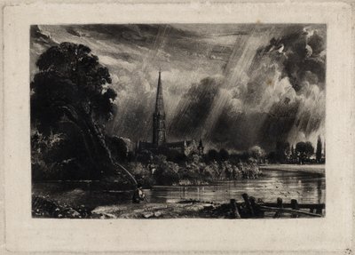 ソールズベリー大聖堂、1832年頃（簀の紙に白いチョークでメゾチント） 作： David Lucas