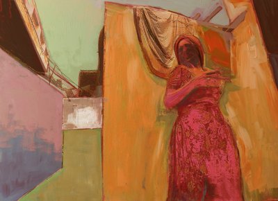 ピンクのドレスの女』2016年、ウッドパネルにミクストメディア 作： David McConochie