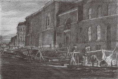 ロンドン夜明けのニューゲート刑務所（カラーリトグラフ） 作： David Muirhead (after) Bone
