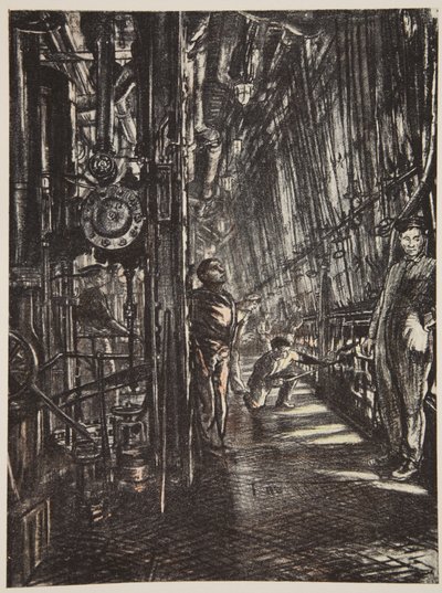 戦艦のボイラー室、『西部戦線』（カントリー・ライフ社刊）の挿絵。 作： David Muirhead Bone