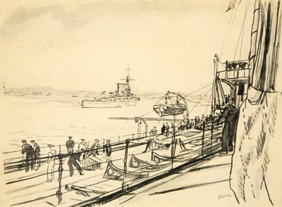 戦艦の後甲板より、「西部戦線」（カントリー・ライフ社刊）の挿絵。 作： デビッド・ミュアヘッド・ボーン