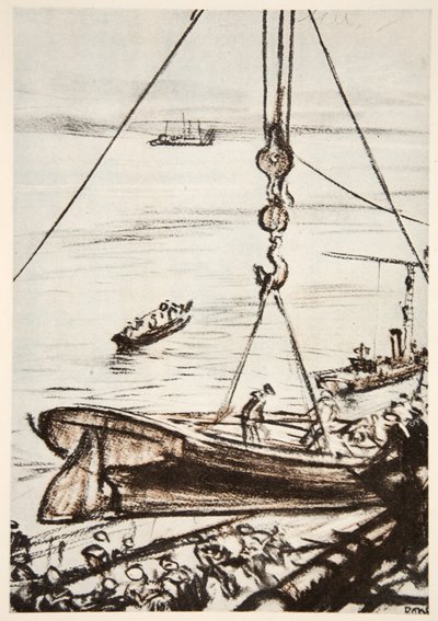 戦艦にて：メインデリックからボートを降ろす。 作： David Muirhead Bone