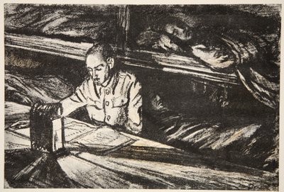 カントリー・ライフ社刊『西部戦線』の挿絵「夜の病院船にて」。 作： David Muirhead Bone