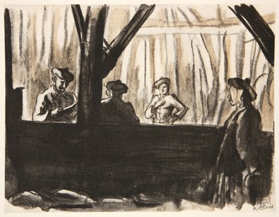 カントリー・ライフ社刊『西部戦線』より、フランスの納屋にいるスコットランド兵のイラスト。 作： David Muirhead Bone